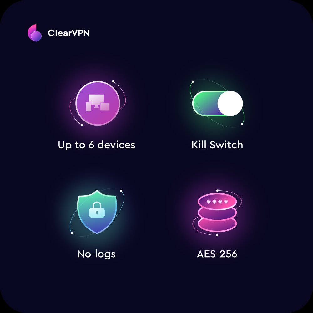 ClearVPN key features: up to 6 devices, Kill Switch, no-logs, AES-256 encryption